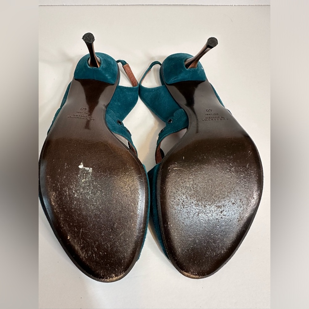 Goffredo Fantini Teal Slingback Shoes with Open Toe and Metallic Heel Sz 40 EU - Picture 6 of 9